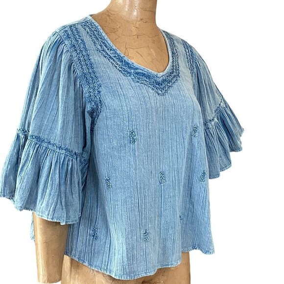 Rachel Zoe BOHO Cropped Relaxed Top Gauze Embroidered Sz S Blue #306F - Picture 3 of 7